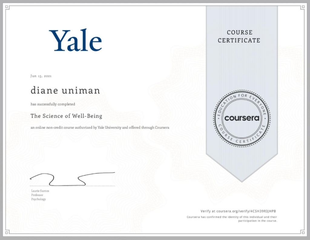 The Science of Well Being Certificate from Yale University